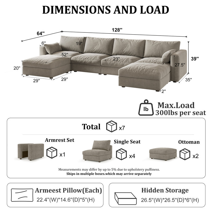 Canapé modulaire de 128 po avec rangement, Chenille gris pâle, H 39 po x l 128 po x P 64 po 