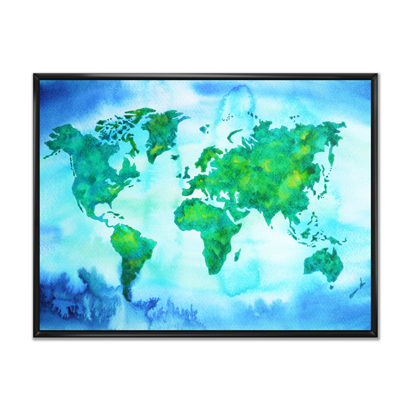 «World Map Blue Green Tone», reproduction sur toile, H 12 po x l 20 po x P 1 po, Cadre flottant noir