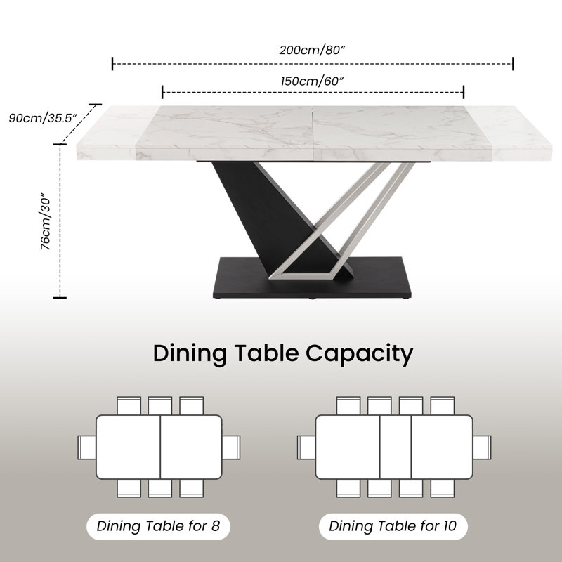 Table de salle à manger extensible en faux marbre avec base en métal pour 8 à 10 personnes