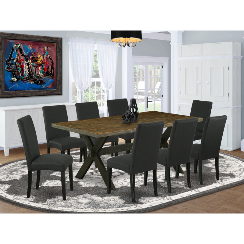 Ensemble de table de salle à manger 9 pièces comprenant une table de cuisine rectangulaire avec pieds en X et 8 chaises de salle à manger Parson en tissu de couleur noire, noir brossé