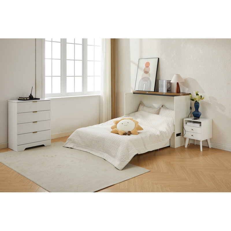 Murphy Bed Fold Out Cabinet Storage With Power Outlets , Full, White