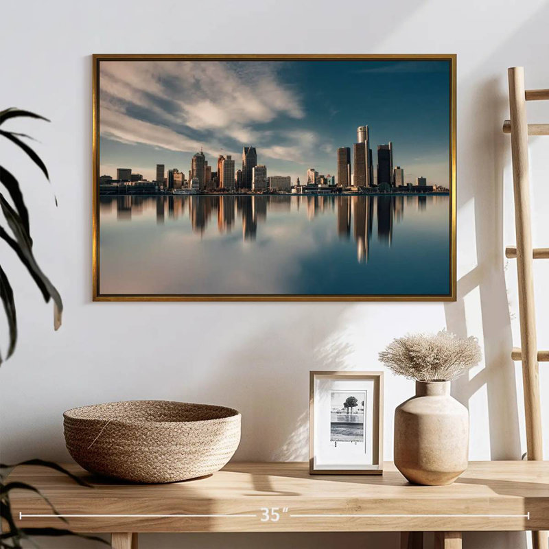 Reflet de Detroit Skyline, 25 po x 17 po, Cadre flottant doré