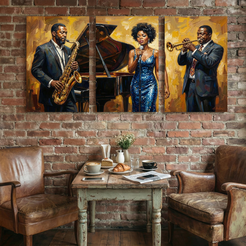 Ensemble de 3 reproductions d'art sur toile abstraites, "Jazz instruments jouer sur toile", 18” H x 36” W