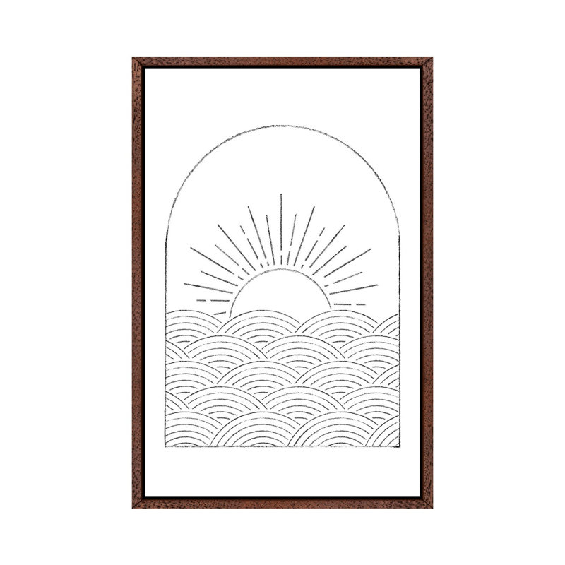 Abstract Line Art Sea And Sun by Whales Way - Print on Canvas, Classic Brown Wood Framed, 101.6cm H x 66.04cm W x 3.81cm D