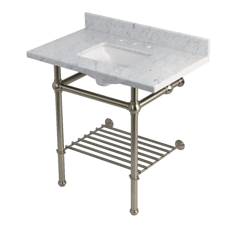 Kingston Brass Templeton 36-Inch Carrara Marble Console Sink with Brass Legs and Shelf (8-Inch, 3-Hole)