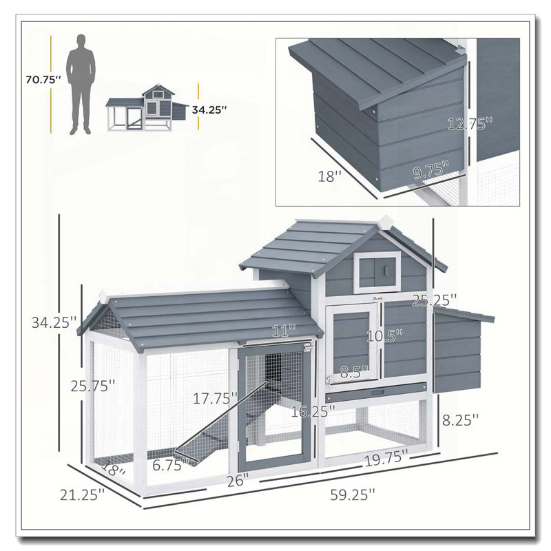 Petite cage à poulets en bois pour poulailler de 59 po avec 2 portes, un nichoir et un plateau amovible, Blanc / Gris