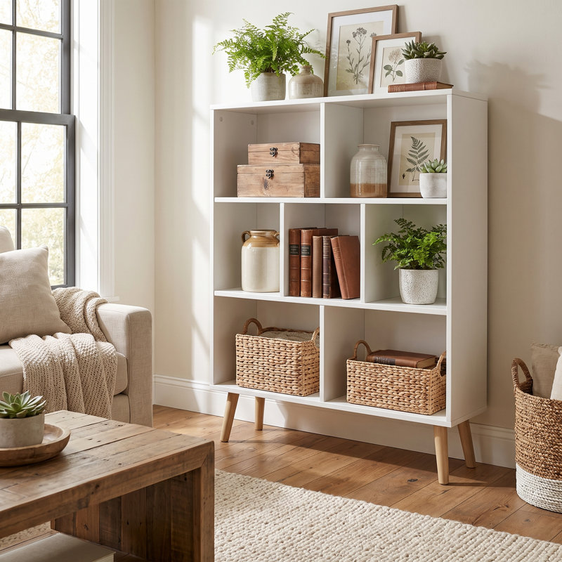 Jaen Solid and Manufactured Wood Cube Bookcase, Grand White, (7 Shelves) 42.5" H x 31.5" W x 9.4" D  