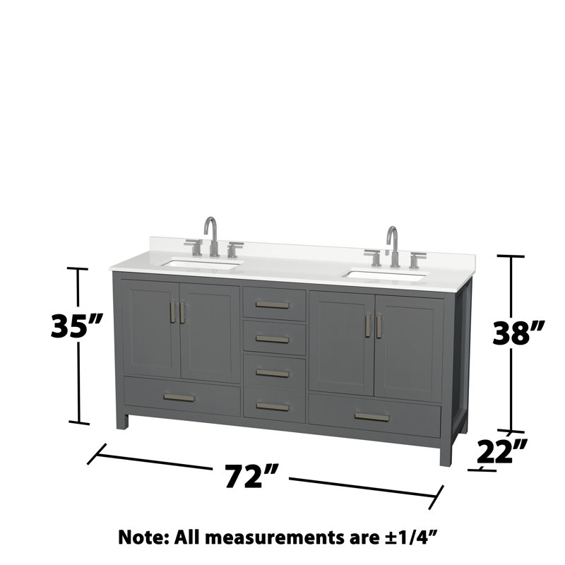 Meuble-lavabo double 72 po avec plateau en quartz et miroir Sheffield, Chrome, Gris foncé, Quartz blanc