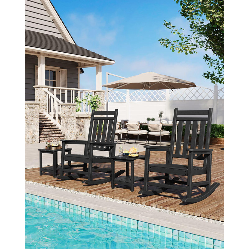 Poly Lumber Rocking Chair Outdoor Set of 2 with Side Table - HDPE High Back Porch Rocker Chairs for Adults - All Weather Resistant Furniture for Patio Front Porch