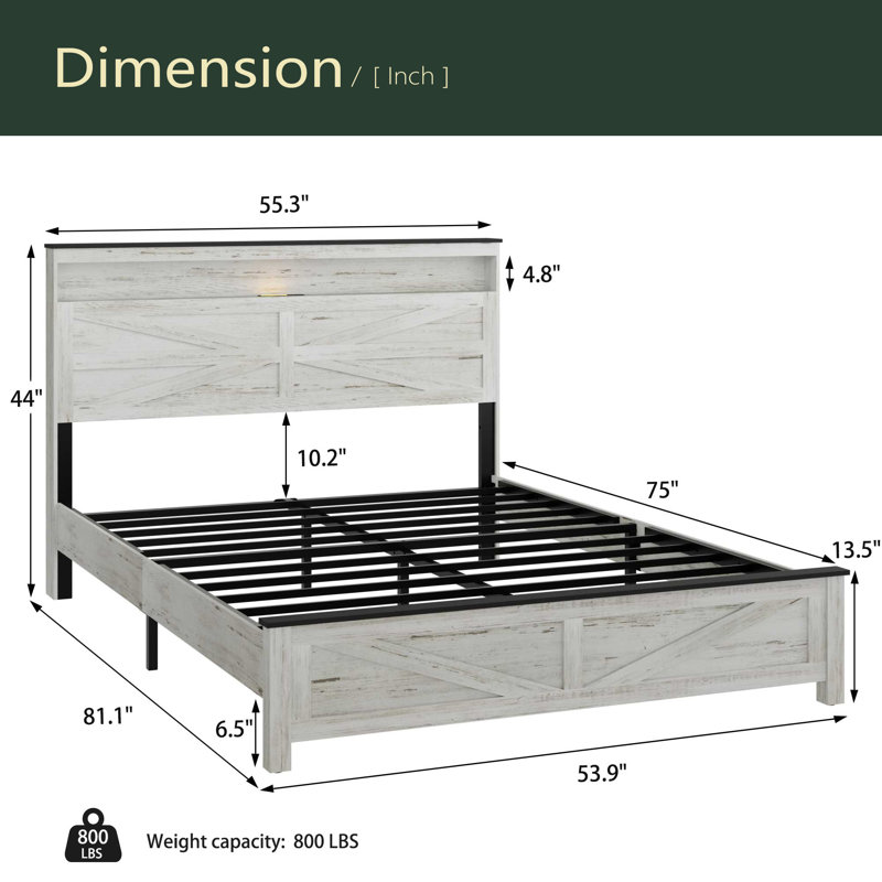 Cadre de lit avec lumières DEL et base de lit plateforme avec coussin de charge, grand lit, avec tête de lit et espace de rangement caché