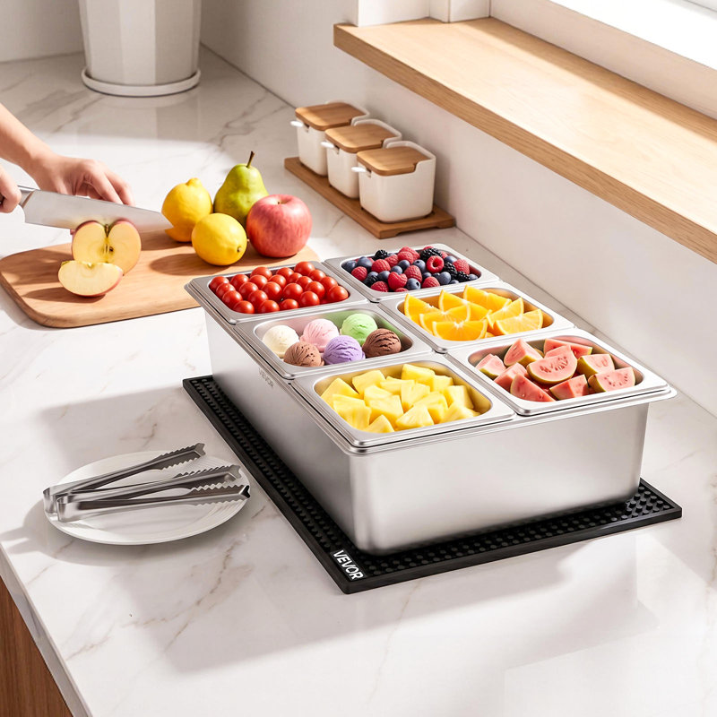 Contenant de présentation de comptoir, plateau de service à salade en acier inoxydable, distributeur de condiments de buffet, support refroidi à la glace avec couvercle séparé, pour restaurant, hôtel, fête (assiette 6x1 / 6)