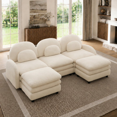 98" Modern Cloud-like Modular 3-Seat Sectional Sofa with 2 Ottomans and Teddy Fabric