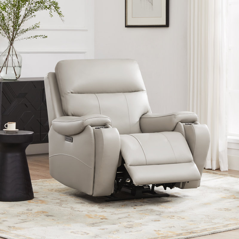 Caritina 40" W Genuine Leather Dual-Power Recliner, Gray