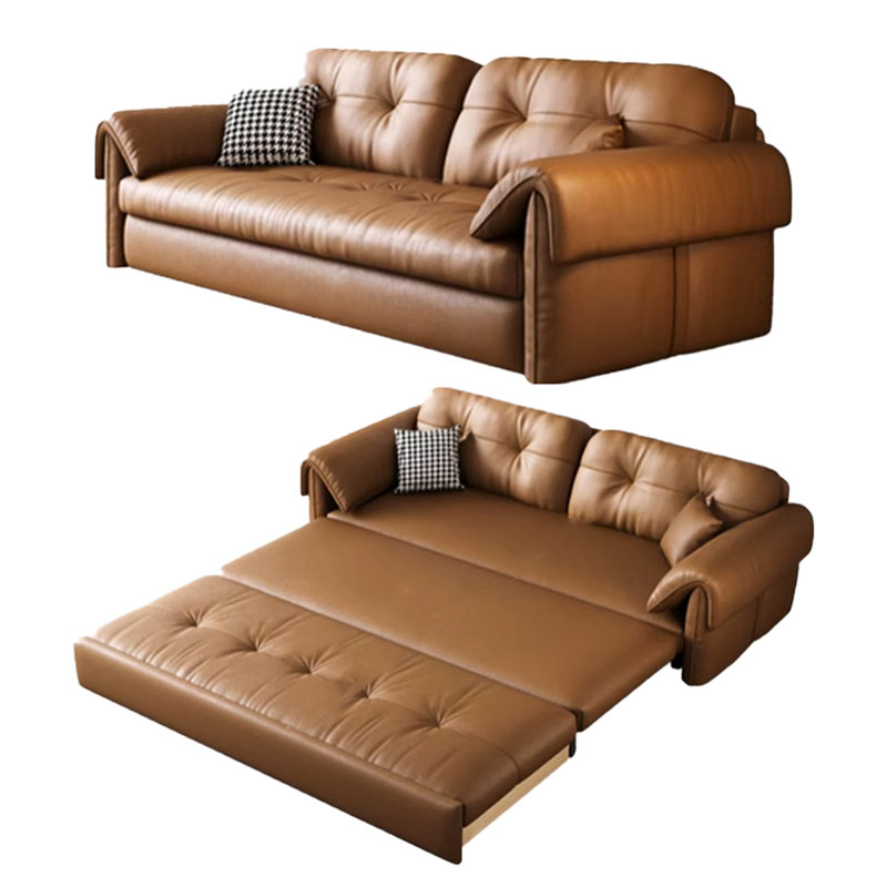 Canapé-lit multifonctionnel pliable en cuir brun français 2 en 1, 33.86" H x 85.04" W x 32.28" D