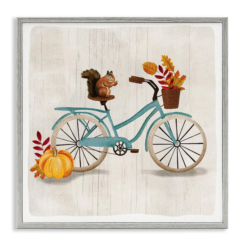 Écureuil sur une bicyclette bleue, feuillage d'automne, impression sur toile, Estampe numérique Farmhouse, H 24 po x l 24 po