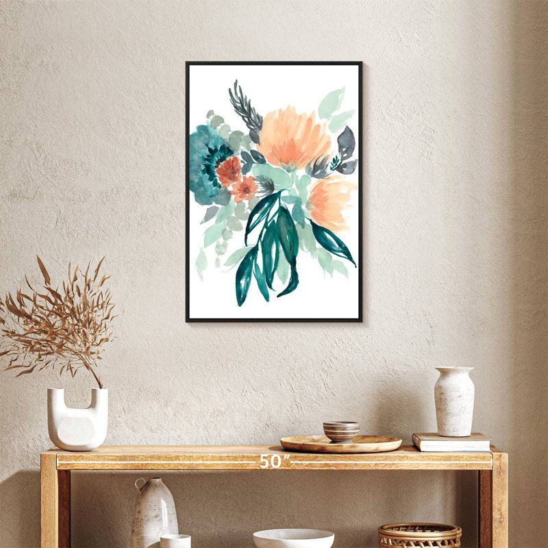Bleu sarcelle et bouquet de pêche I, Cadre flottant noir, 21 po x 31 po