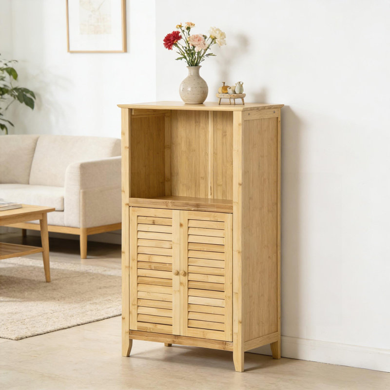 Lavande de plancher de salle de bain en bambou avec tablettes ouvertes et fermées, idéale pour maximiser le rangement et améliorer l'esthétique de la pièce