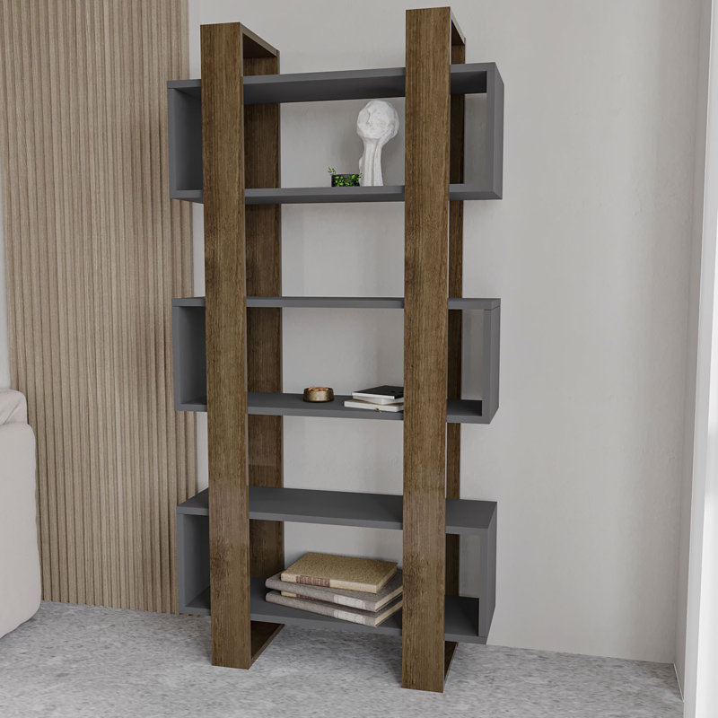 Modern Walnut & Anthracite Bookshelf, 31.5 x 63.0 x 11.3 inches | 100% Melamine Coated Particle Board, Thickness: 0.7 inches | Numerous Shelves, Wall-Mountable | Stylish Storage Solution for Home & Office