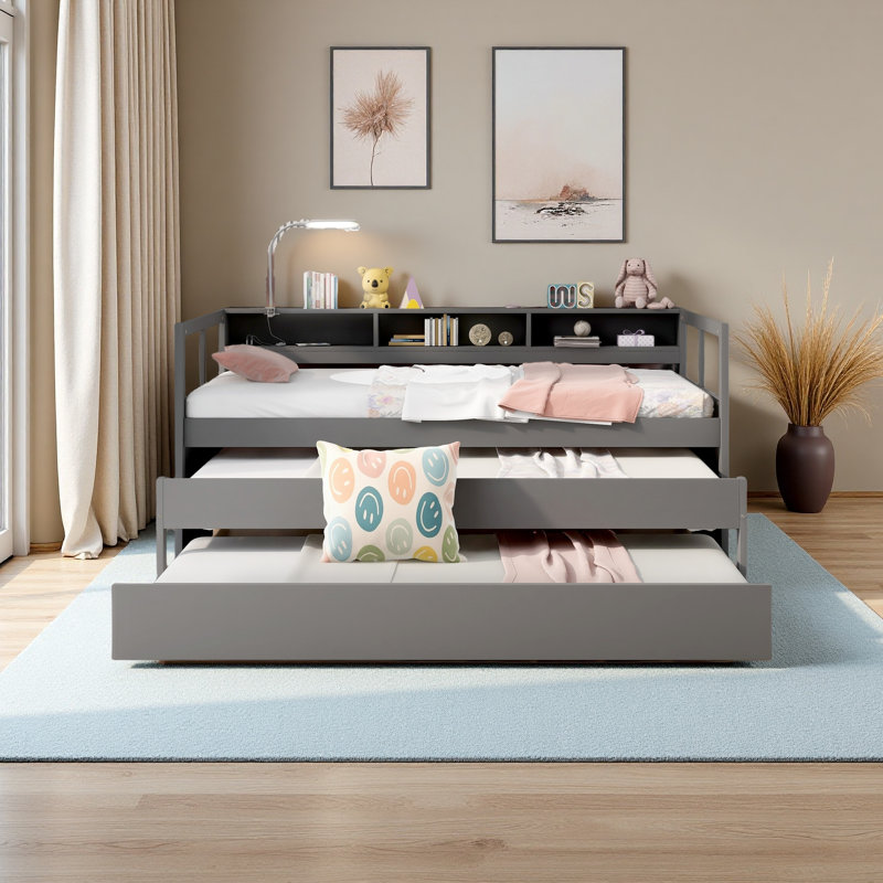Wood Daybed With 2 Trundles, 3 Storage Cubbies, 1 Light For Free And USB Charging Design, Gray