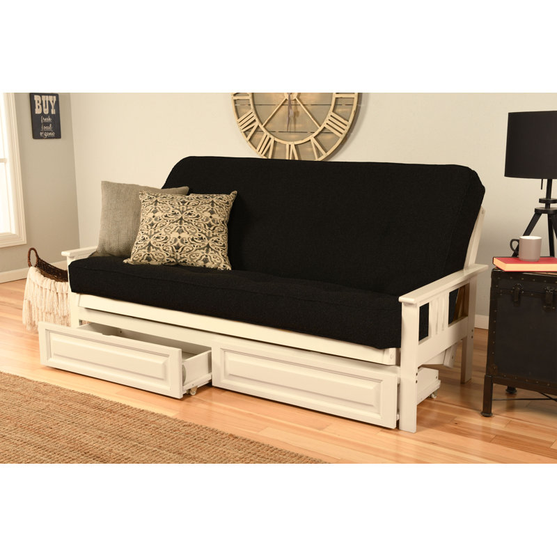 Le cadre de futon double Stratford comprend des tiroirs de rangement et un matelas, Innerspring, Canton noir, Blanc antique