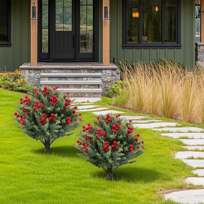 2-Pack 19.6" Artificial Topiary Shrubs with Ground Spikes, UV-Resistant Faux Plants with Lifelike Foliage for Indoor & Outdoor Gardens