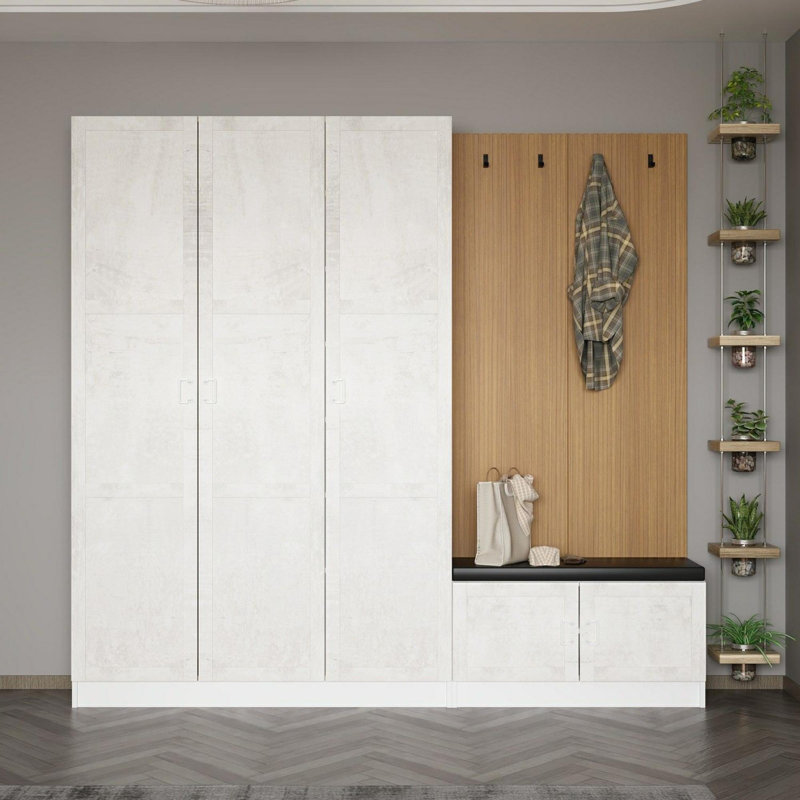 Support de couloir moderne, blanc, 88,6 x 82,7 x 13,8 pouces | 100% panneau de particules enduit de mélamine, épaisseur: 0,7 pouce | Conception élégante et fonctionnelle pour les vestibules, durable et facile à nettoyer