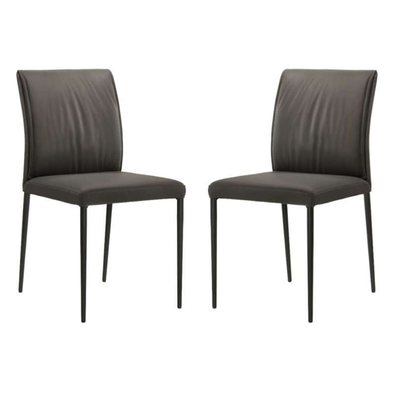 Full Back Top Grain Leather Upholstered Metal Dining Chairs In Cola - Set Of 2, Dark Gray