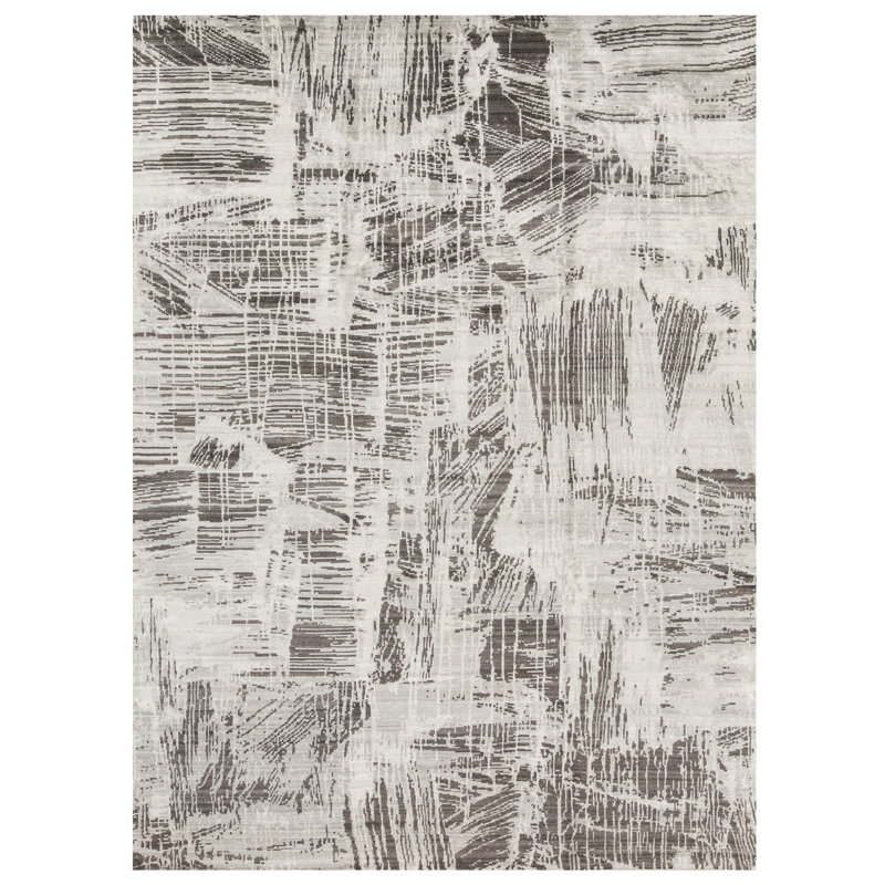Tapis blanc et gris foncé de haute qualité noué à la main 90, Rectangle 6 pi x 9 pi