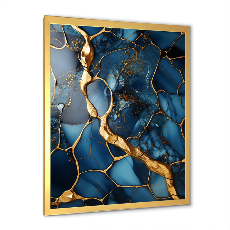 Or et saphir bleu marbré mosaïque IV - reproduction d'art abstrait mural, Cadre doré simple, H 20 po x l 12 po x P 1 po