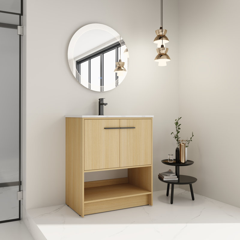 Meuble-lavabo moderne 30 po avec lavabo en céramique et rangement à fermeture en douceur, Naturel