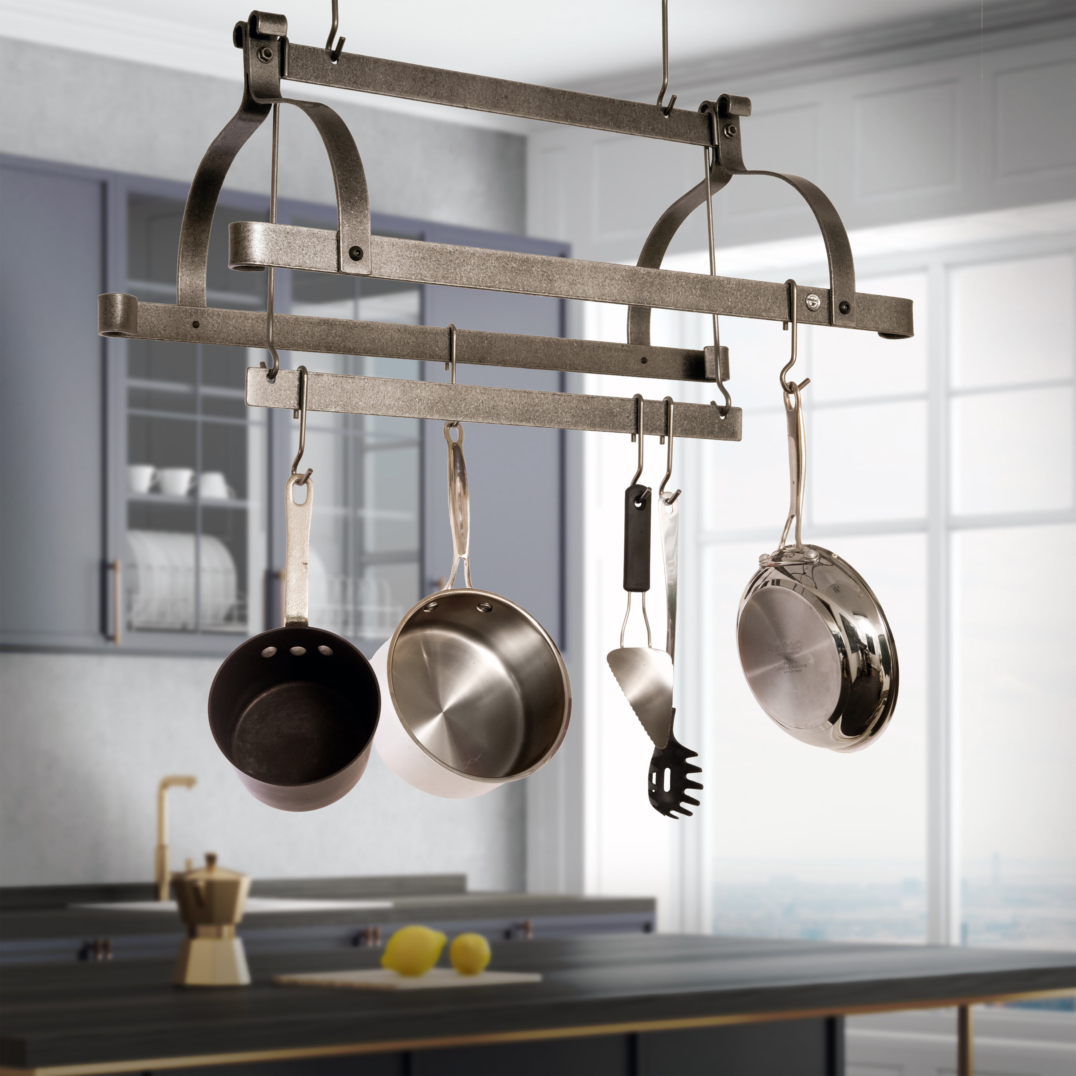 Enclume - Three Bar Ceiling Pot Rack in Hammered Steel - Enclume