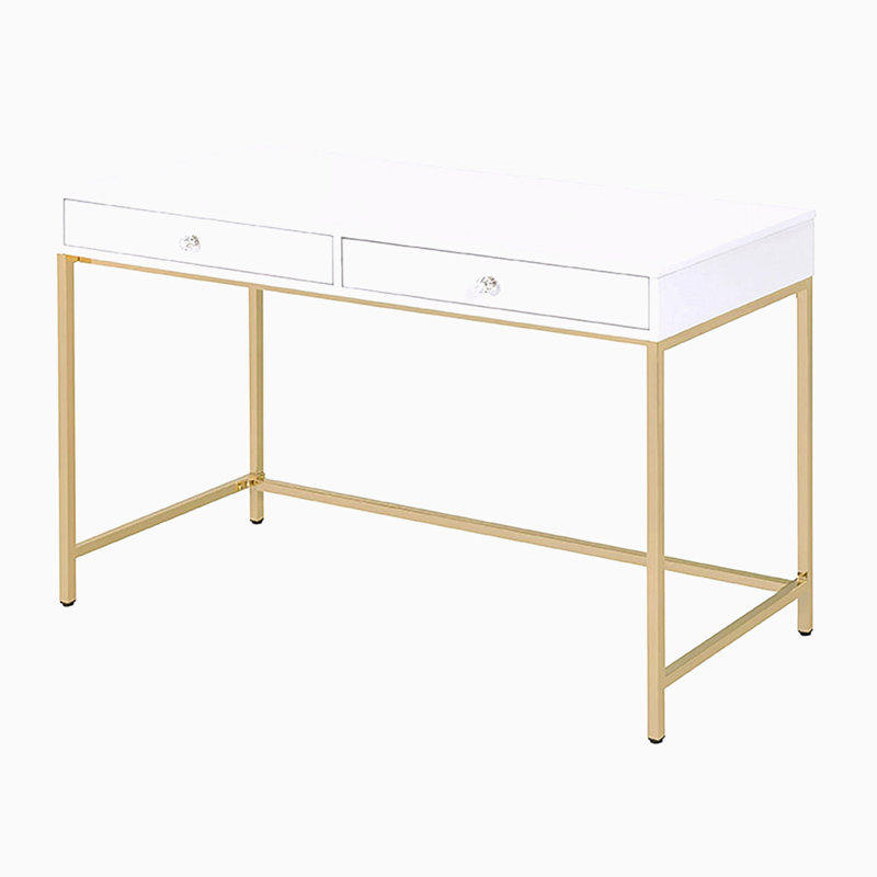 White High Gloss And Gold 2-Drawer Writing Desk