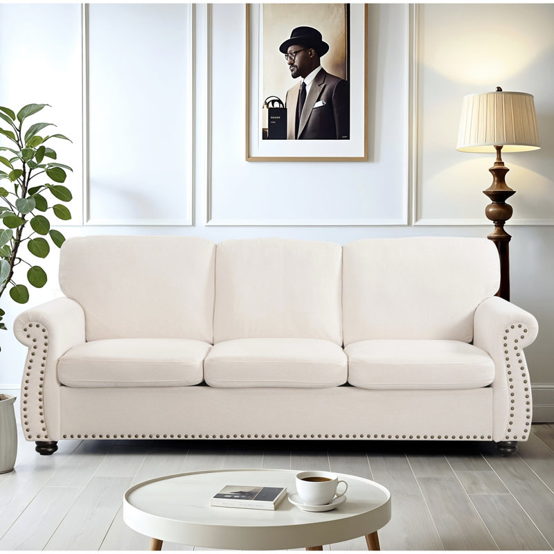 Velours de style Mid-Century moderne, 3 places avec mousse haute, pieds en bois massif, toucher, Ivoire ivoire