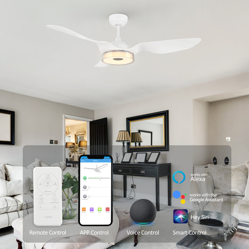 Ventilateur de plafond à moteur à courant continu Derita de 52 po avec lumières DEL, télécommande et tige intégrée, Blanc