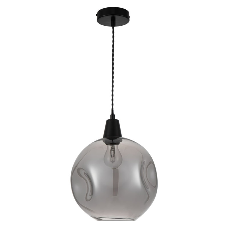 Millfield Modern Smoky Dimple Glass Pendant Light - Matt Black Base, Black Twisted power cord, 25x25x100cm, 1xE27 (Bulb not included)