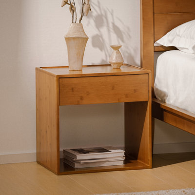 Solid Bamboo Nightstand, Sustainable Curved Classic Mid-Century Modern Wood Bedside Table with Soft-Close Drawer, Handle-Free Design, Open Shelf Storage, No Assembly Required (Walnut)