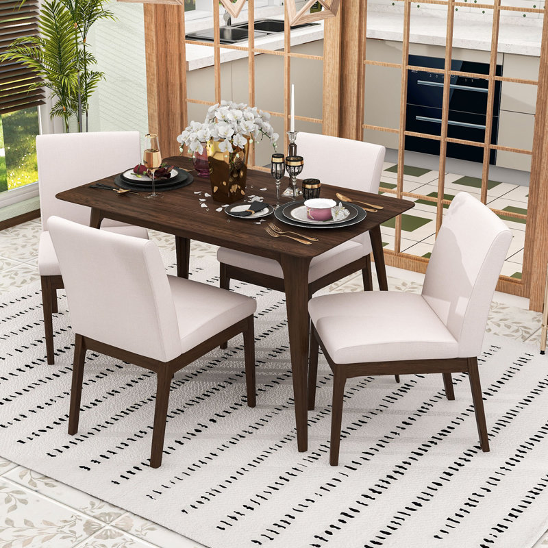 Stylish & Durable 5-Piece Dining Set: Wood Table and Cushioned Chairs, Light Beige/Walnut