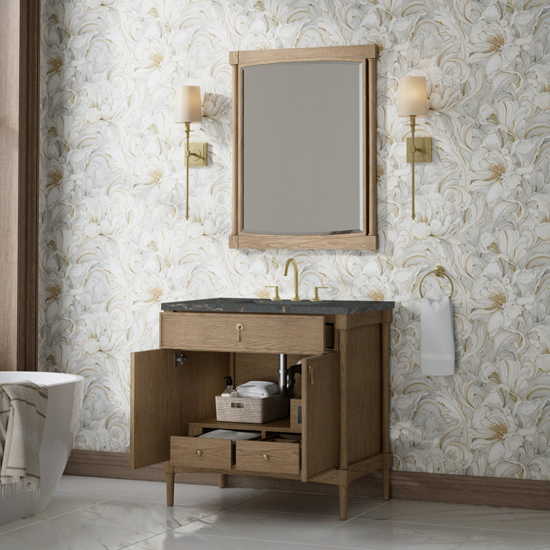 Kinnsden 36" W Single Vanity, Parisien Bleu Silestone, 8" Widespread, Weathered Oak