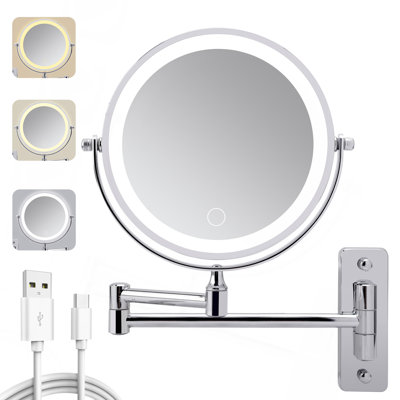 Wall Mounted Lighted Makeup Mirror,1000mAh Rechargeable Double Sided 1X/10X Magnifying Mirror with Light,3 Color Lights,Touch Dimmable,Extended Arm 360 Rotation Wall Mounted Makeup Mirror