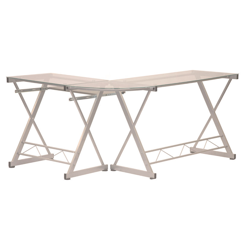 L-Shaped Tempered Glass Top Computer Desk with Pull Out Keyboard Panel