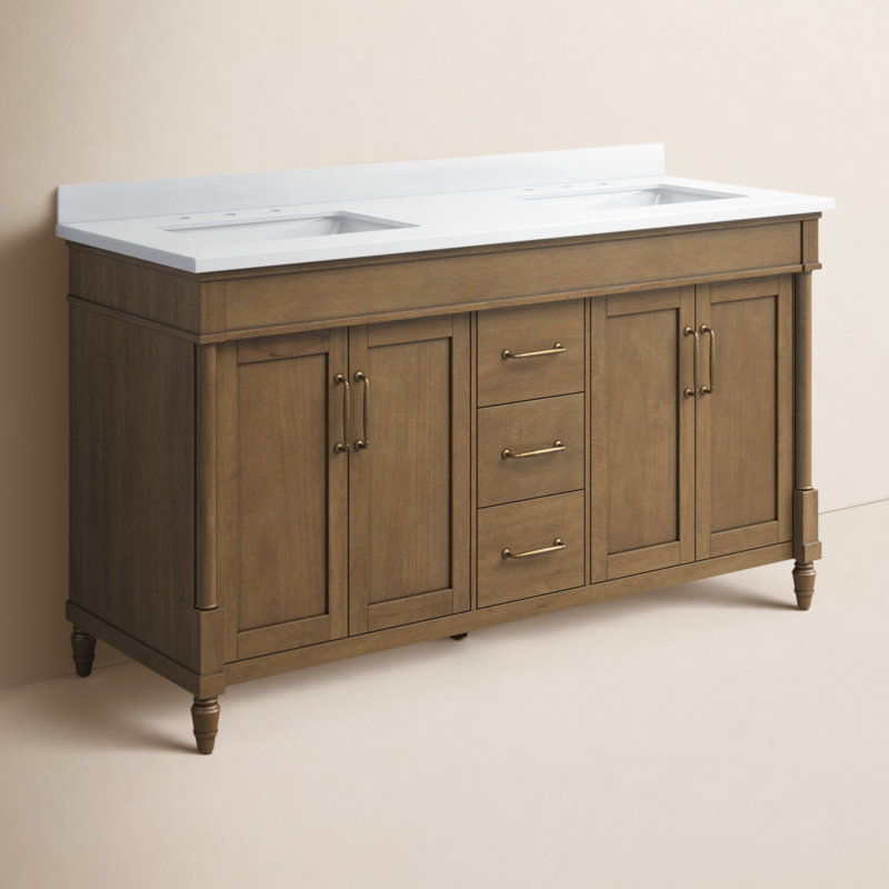 Burdick 60'' Double Bathroom Vanity with Engineered Marble Top, Almond Latte Brushed