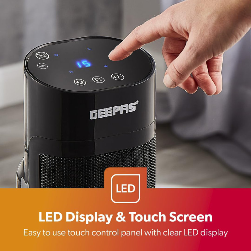 GEEPAS Oscillating Digital Tower PTC Energy Efficient Heater With 3D Flame | 2 Heat Settings Low Running Cost Ceramic Heater LED Display 24H Timer Remote Control Cool & Warm Blow Modes, Safety Cut-Off