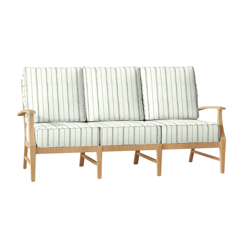 Croquet 75.75" Wide Outdoor Teak Patio Sofa with Cushions, Natural Teak, Welt, Linen Forest