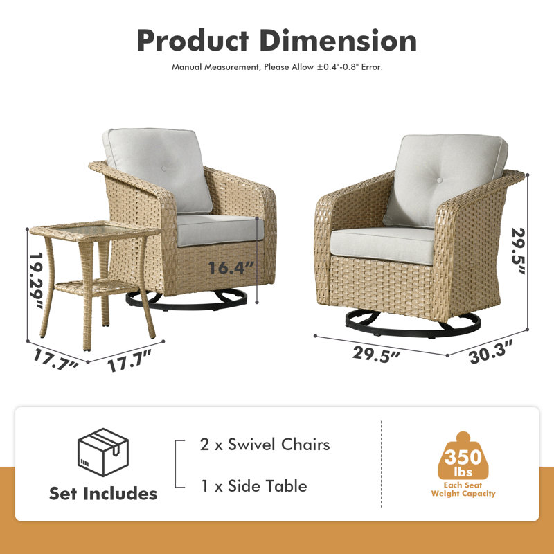 Ensemble de patio extérieur 3 pièces - chaises berçantes pivotantes en osier avec table basse, ensemble de conversation en rotin à assise profonde pour porche, terrasse, balcon et cour arrière