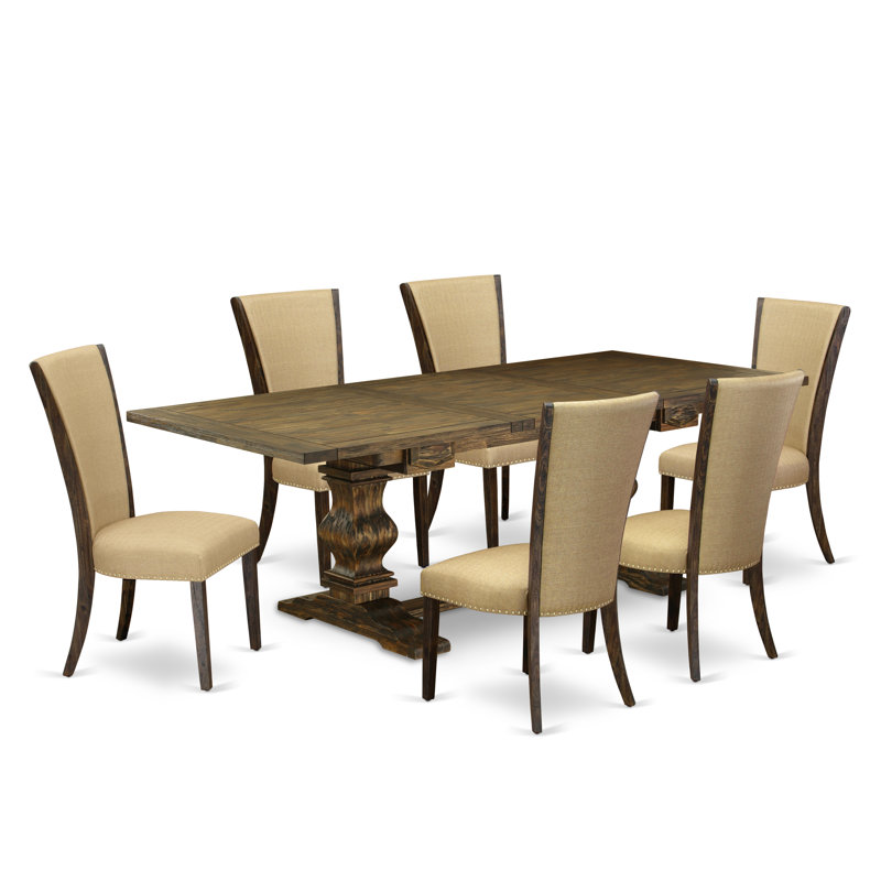 Ensemble de table de salle à manger 7 pièces composé d'une table de salle à manger rectangulaire avec rallonge amovible et 6 chaises de salle à manger Parson en tissu brun, patiné Jacobean