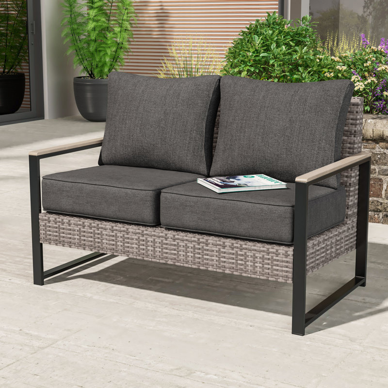 Loveseat Sofa, All-Weather PE Rattan Wicker Set, Black Gray