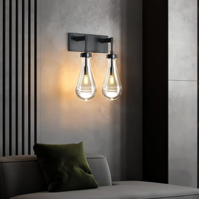 Modern Raindrop Wall Sconces With Crystal Glass Shade - Elegant Brass Wall Lighting For Bathroom Vanity Bedroom Living Room Stair - 2-Light Dimmable Indoor Wall Lamp