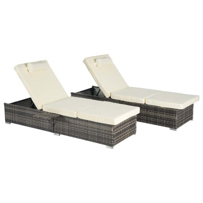 Outdoor Chaise Lounge Chair Set Of 2 With Storage, Adjustable Backrest, Table, And Cushion – Rattan Patio Recliners For Poolside, Backyard, Garden, And Beach Tanning - Beige