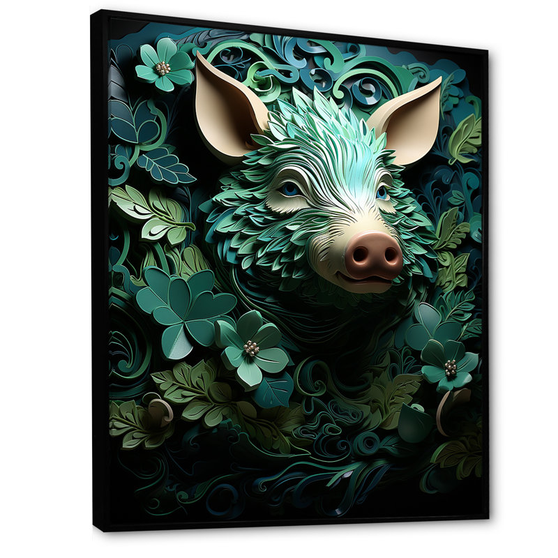 Emerald Flower Hog sur toile, Cadre flottant noir, H 32 po x l 24 po x P 1 po