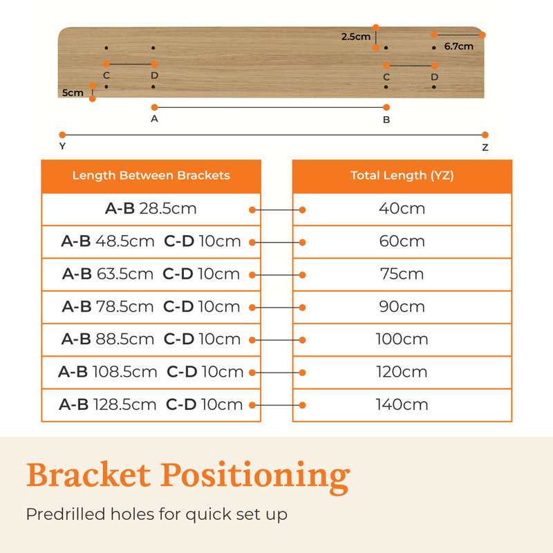 Bracket Shelf, 1.5cm H x 40cm W x 15cm D, Natural Wood